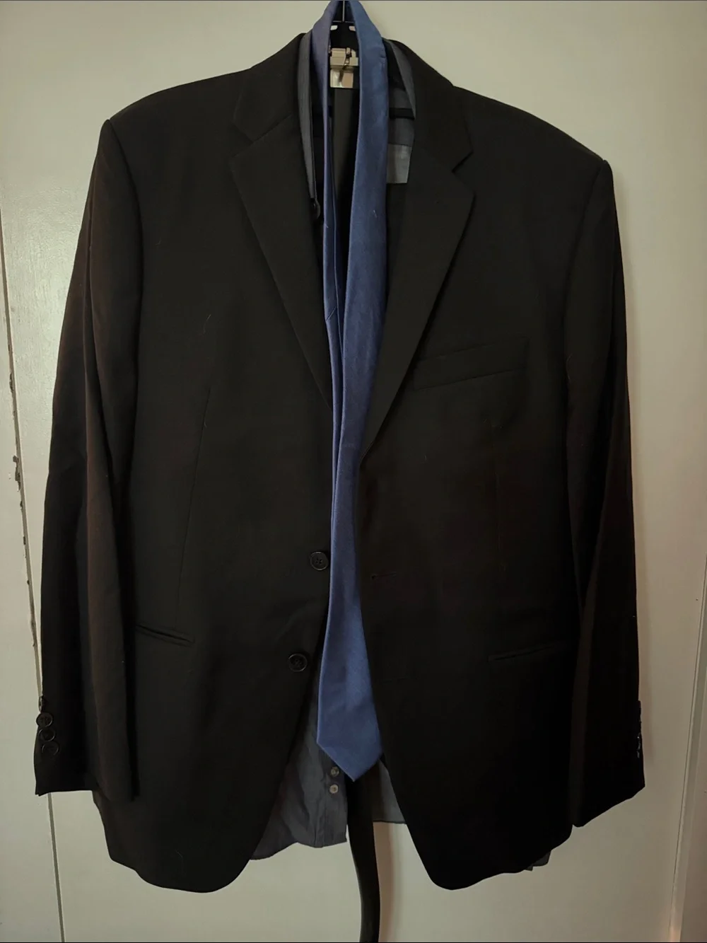 Calvin Klein Black Men's Two-Button Suit Jacket with Blue Tie